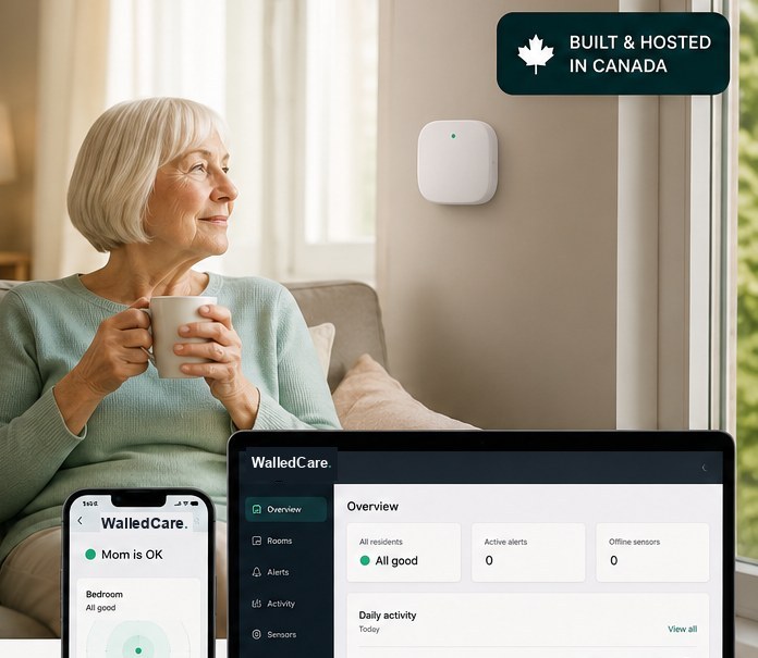 An older adult relaxing at home with a small WalledCare presence sensor on the wall and the WalledCare app showing 'Mom is OK'