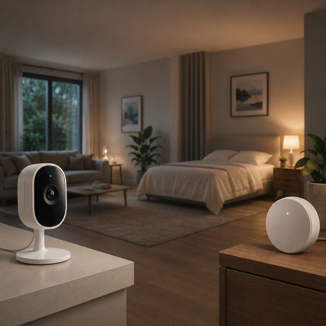 A home at dusk with a WalledCare camera on a counter and a WalledCare presence sensor on a nightstand