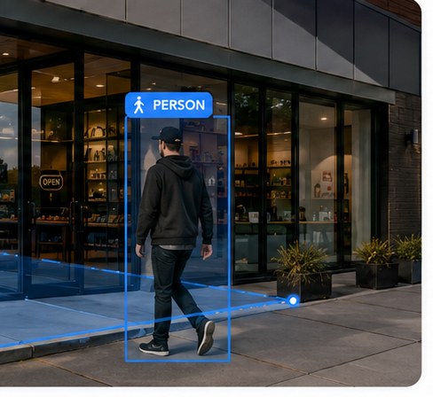 WalledCare detecting a person at a storefront entrance with an on-edge bounding box